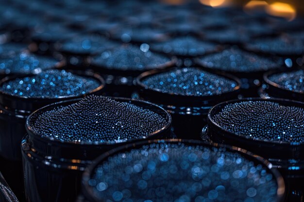 Photo vue rapprochée d'une grappe de caviar noir avec ses perles noires brillantes et ses membranes délicates
