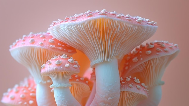 Vue rapprochée d'une grappe de champignons roses et blancs dans un environnement naturel