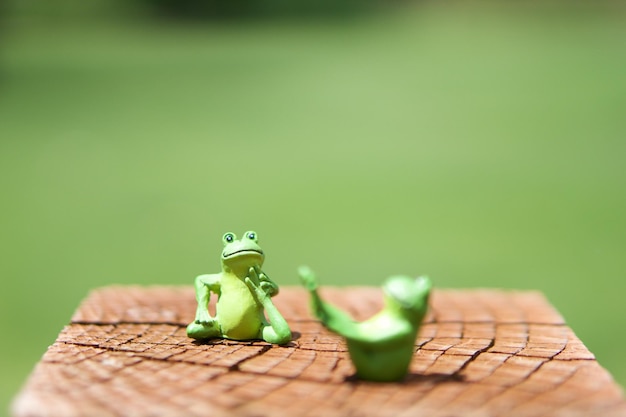 Photo vue rapprochée de grenouilles jouets en pose de yoga sur une souche d'arbre