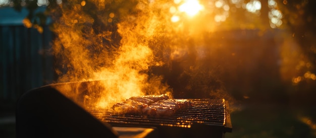 Vue rapprochée d'un gril avec des flammes et de la cuisine pendant le coucher du soleil