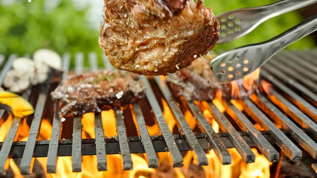 Photo vue rapprochée d'un gril de steak en feu