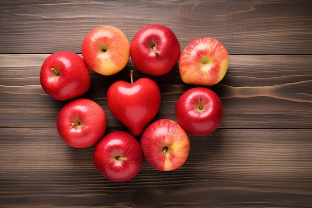 Vue rapprochée d'un groupe de pommes disposées en rangée sur une table en bois