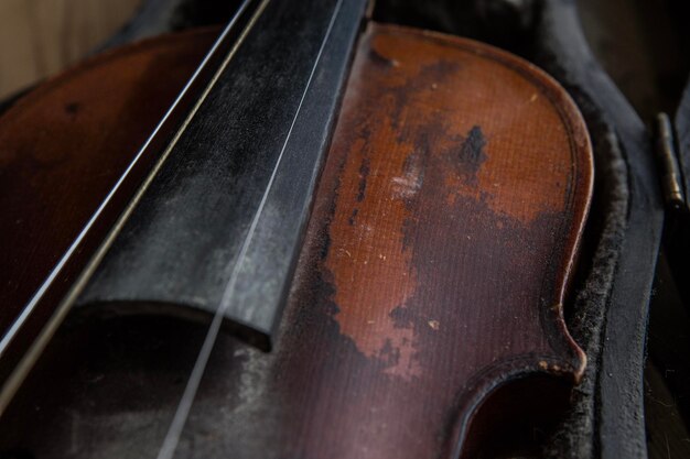 Vue rapprochée d'une guitare dans une boîte à guitare