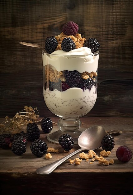 Vue rapprochée d'en haut du verre avec de la granola de noix mélangée à des bleuets et du yogourt placé sur une planche à découper en bois près du pot Créé avec la technologie d'IA générative