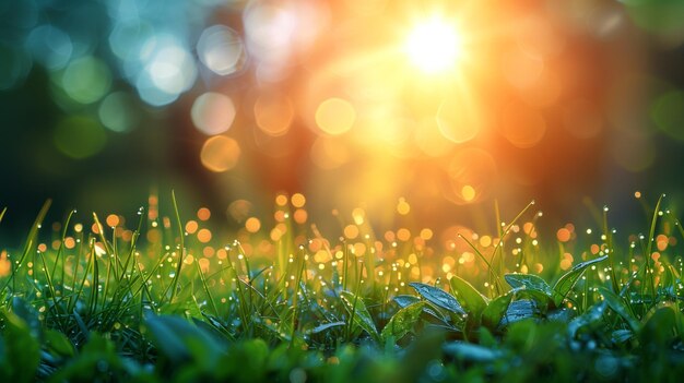 Vue rapprochée de l'herbe avec le soleil en arrière-plan