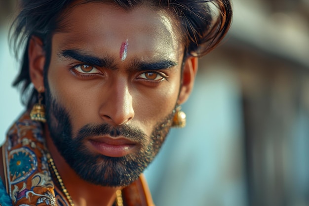 Vue rapprochée d'un homme beau d'Inde, modèle de visage, arrière-plan de style bokeh.