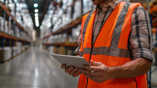 Vue rapprochée d'un homme en gilet de sécurité en utilisant une tablette pour vérifier les informations ou l'inventaire alors qu'il se tient dans l'entrepôt