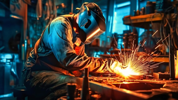 Une vue rapprochée d'un homme qui soude à l'usine mettant en évidence les couleurs de compétence et les effets captivants