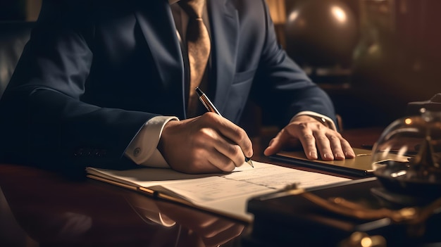 Vue rapprochée d'un homme signant un contrat dans une salle d'audience