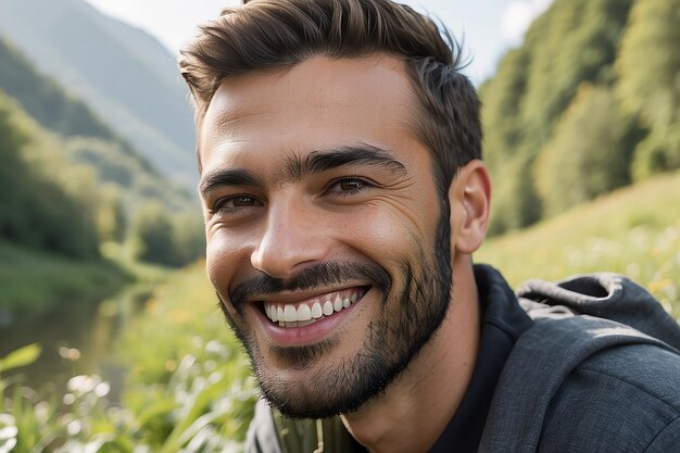 Vue rapprochée de l'homme souriant dans la nature