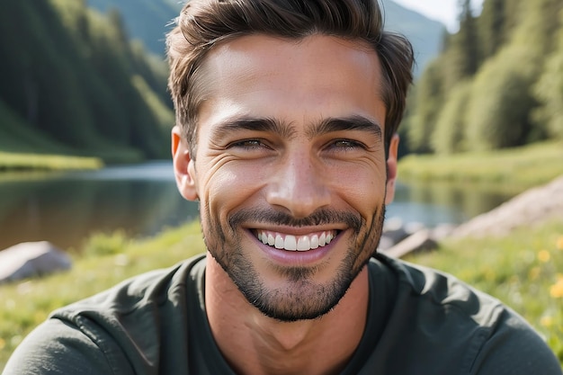 Vue rapprochée de l'homme souriant dans la nature