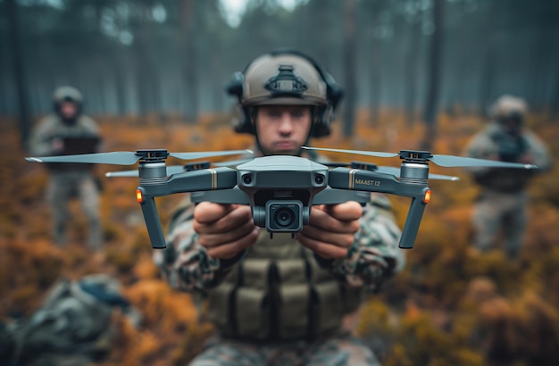 Photo vue rapprochée d'hommes de l'armée tenant un drone