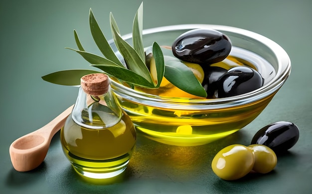 Photo vue rapprochée de l'huile d'olive versée dans une cuillère sur des olives sur fond vert