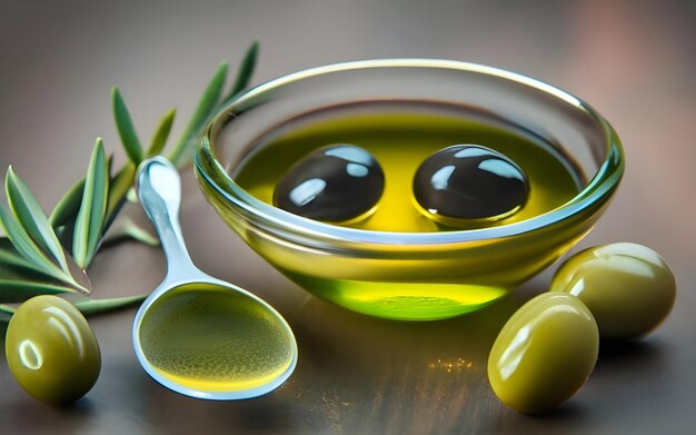 Photo vue rapprochée de l'huile d'olive versée dans une cuillère sur des olives sur fond vert