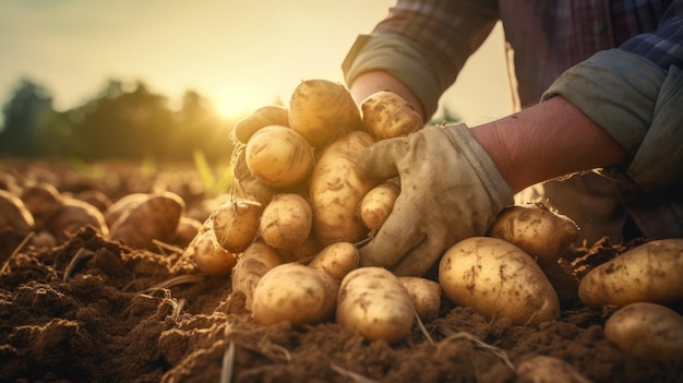 Vue rapprochée de l'IA générative capturant des mains tirant des pommes de terre fraîches du sol pendant la saison de récolte dans une ferme rurale de pomme de terre