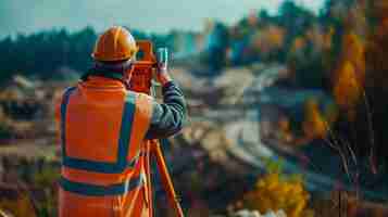 Photo vue rapprochée d'un ingénieur civil surveillant un terrain avec un théodolite mesurant les angles et les distances pour assurer un alignement précis pour la construction