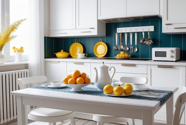 Vue rapprochée de l'intérieur de la maison de style rétro cuisine blanche avec meubles de design servies table et accessoires de luxe élégants décor domestique neutre élégant concept de designer copier l'espace de texte de l'annonce