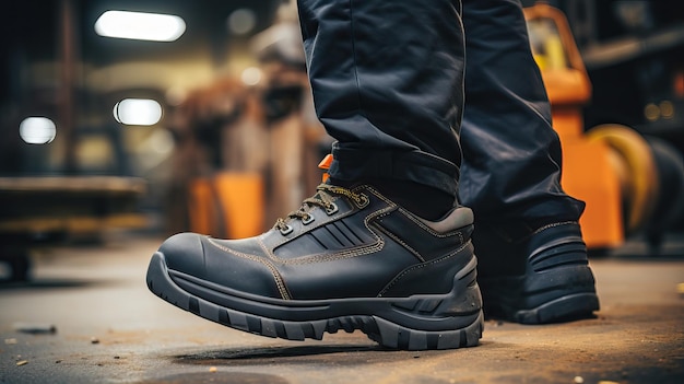 Photo vue rapprochée des jambes d'un homme dans des bottes de travail dans un atelier de production