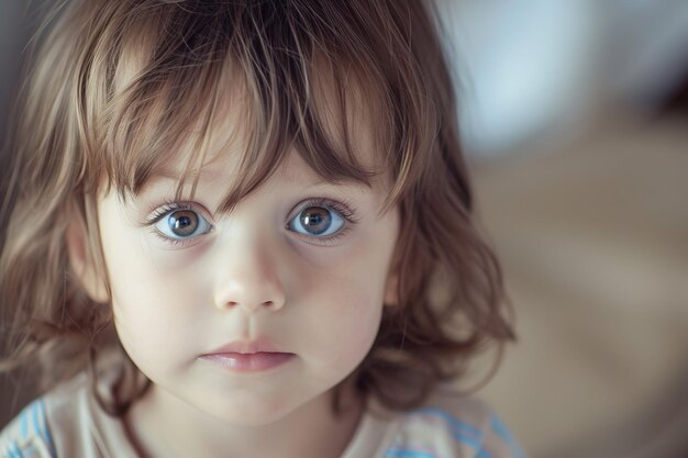 Vue rapprochée d'un jeune enfant aux grands yeux et aux cheveux bouclés regardant la caméra avec une expression neutre