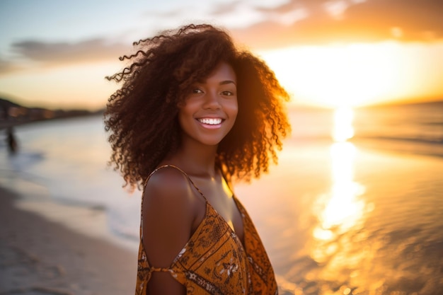 Vue rapprochée d'une jeune femme afro-américaine à la plage