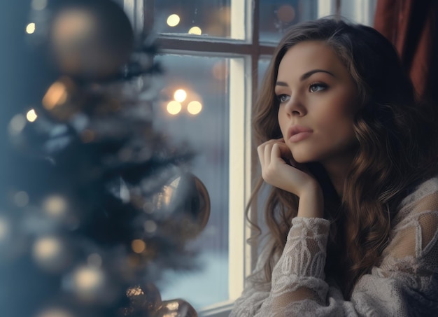 Vue rapprochée d'une jeune femme contemplant une scène de Noël depuis sa fenêtre
