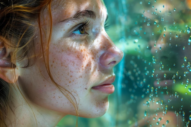 Vue rapprochée d'une jeune femme regardant par une fenêtre éclaboussée par la pluie avec la réflexion de la lumière naturelle