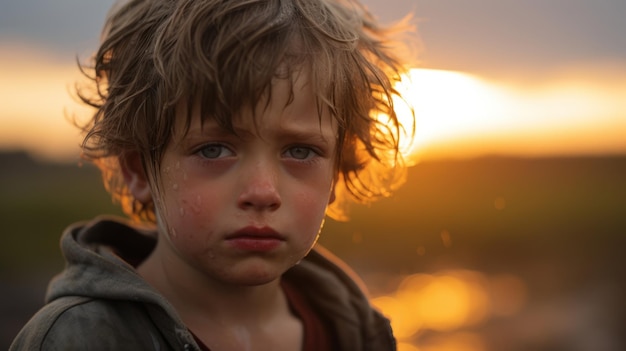 Vue rapprochée d'un jeune garçon qui est triste Belle image d'illustration IA générative