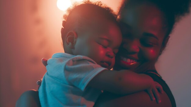 Photo vue rapprochée d'une jeune mère afro-américaine heureuse qui étreint un petit bébé ou un tout-petit.