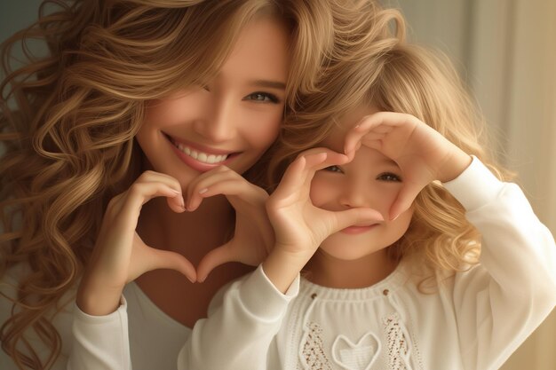 Vue rapprochée d'une jeune mère et d'une mignonne petite fille avec le signe du cœur profitant d'un moment de tendresse ensemble