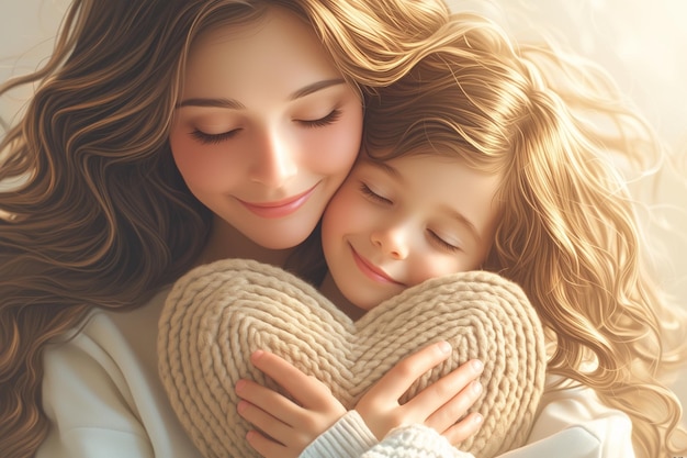 Vue rapprochée d'une jeune mère et d'une mignonne petite fille avec le signe du cœur profitant d'un moment de tendresse ensemble