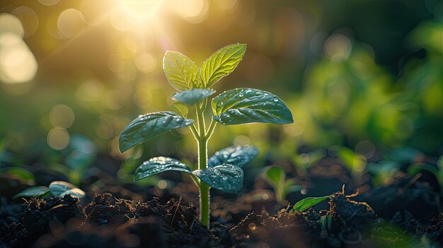 Photo vue rapprochée d'une jeune plante baignée par la lumière du matin