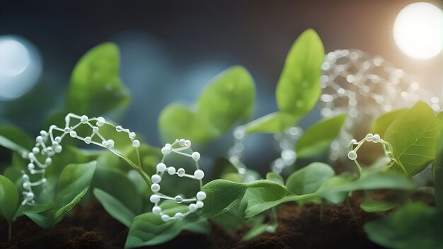 Vue rapprochée d'un jeune semis poussant dans le sol avec une structure moléculaire d'ADN