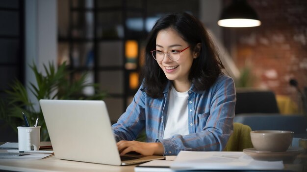 Vue rapprochée d'une jeune travailleuse indépendante travaillant sur son projet avec un ordinateur portable