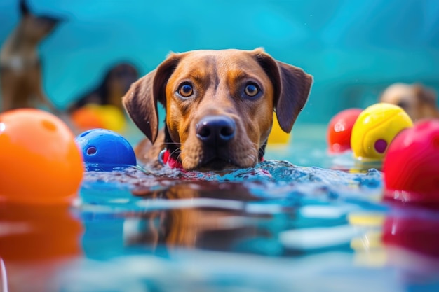 Vue rapprochée de jouets pour chiens flottant dans l'eau de la piscine