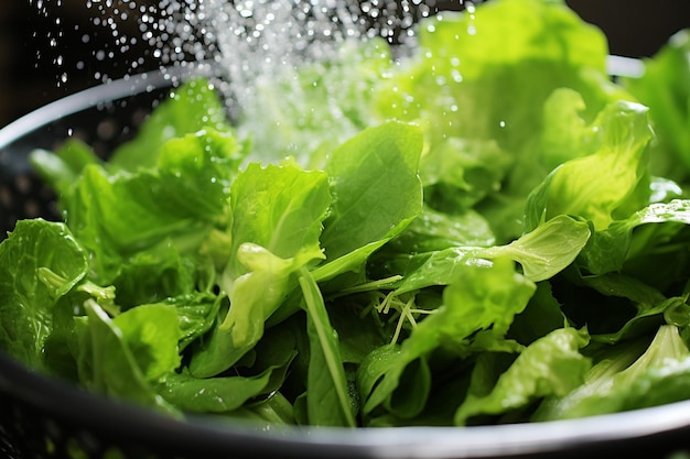 Vue rapprochée des légumes verts de salade en train d'être lavés et séchés dans une colander