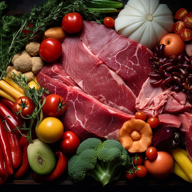 Vue rapprochée des légumes et de la viande crue