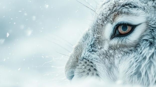 Photo vue rapprochée d'un lièvre arctique clignant des yeux contre les vents violents et la neige d'une tempête de neige implacable