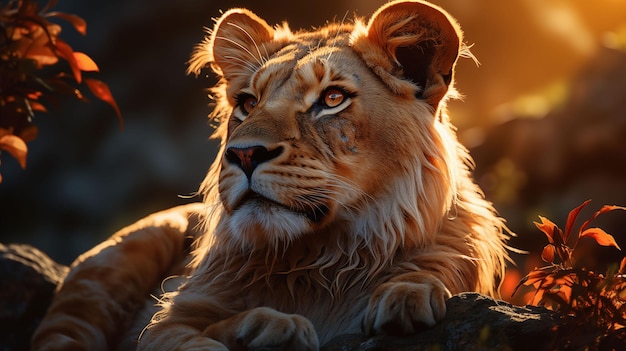 Vue rapprochée d'un lion couché sur un rocher