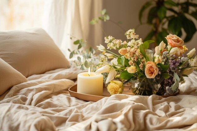 Vue rapprochée d'un lit avec un plateau de petit déjeuner et des fleurs fraîches