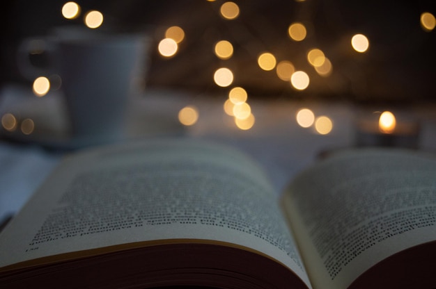 Vue rapprochée des livres illuminés sur la table