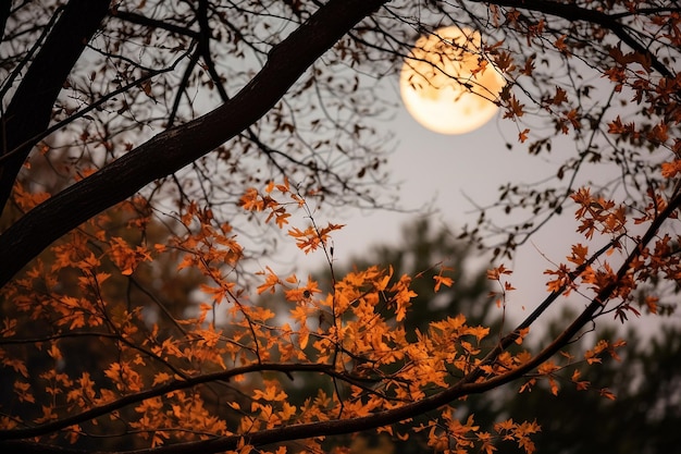 Vue rapprochée de la lune encadrée par des branches d'arbres ou du feuillage