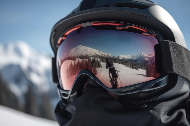 Vue rapprochée des lunettes de ski d'un homme avec l'IA réfléchissante