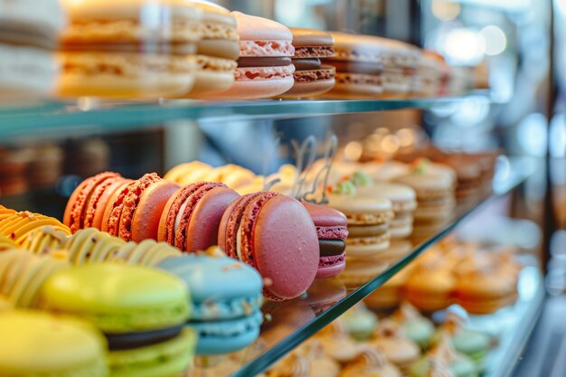 Vue rapprochée des macarons colorés dans le magasin