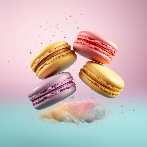 Vue rapprochée des macaroons volant dans les airs