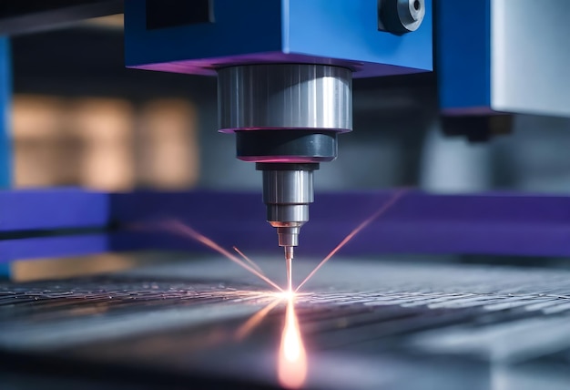 Vue rapprochée d'une machine de coupe laser CNC avec un faisceau laser violet bleu gravant ou coupant un matériau