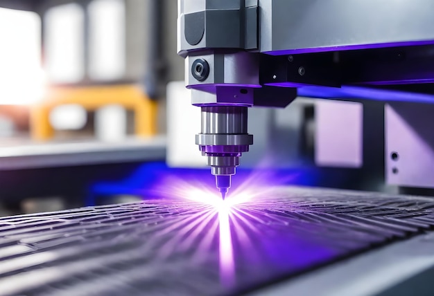 Vue rapprochée d'une machine de coupe laser CNC avec un faisceau laser violet bleu gravant ou coupant un matériau