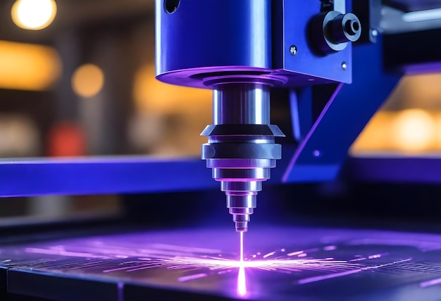 Vue rapprochée d'une machine de coupe laser CNC avec un faisceau laser violet bleu gravant ou coupant un matériau