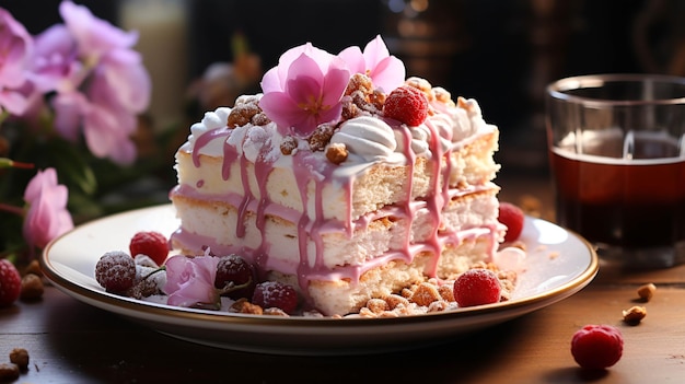 Photo vue rapprochée d'un magnifique gâteau à trois couches avec de la crème à la rose dans une table