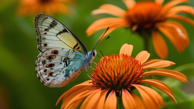 Vue rapprochée d'un magnifique papillon aux textures intéressantes sur une fleur à pétales d'orange