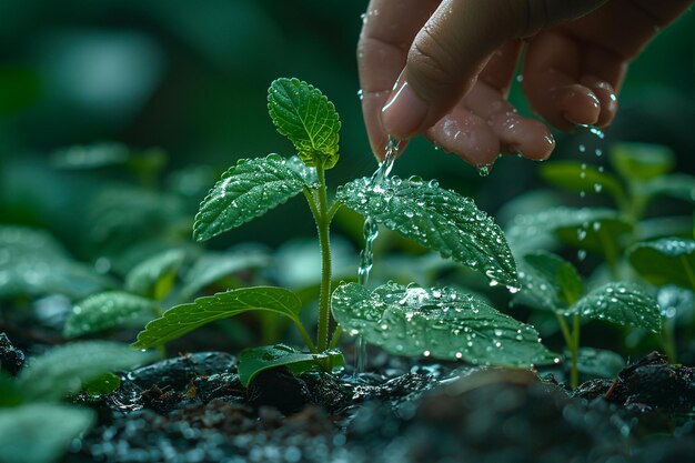 Photo vue rapprochée d'une main arrosant des plantes